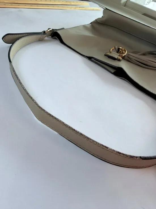 Lulu Dharma Napa Vegan Leather Tassel Hobo Bag Stone Gray Beige Shoulder Handbag - Picture 10 of 14